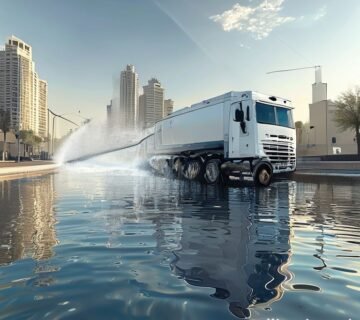 WhitewatertankerdeliveringwatertoresidentialareainNorthRiyadh2Cphotorealistic2Cwhitewatertankertruck2CsunnystreetinRiyadhSaudiArabia2Chighquality 360x320