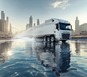 WhitewatertankertruckdeliveringcleandrinkingwaterinNorthRiyadh2CSaudiArabia2Cphotorealistic2Cwhitewatertankertruck2CsunnystreetinRiyadhSaudiArabia2Chighquality 360x320